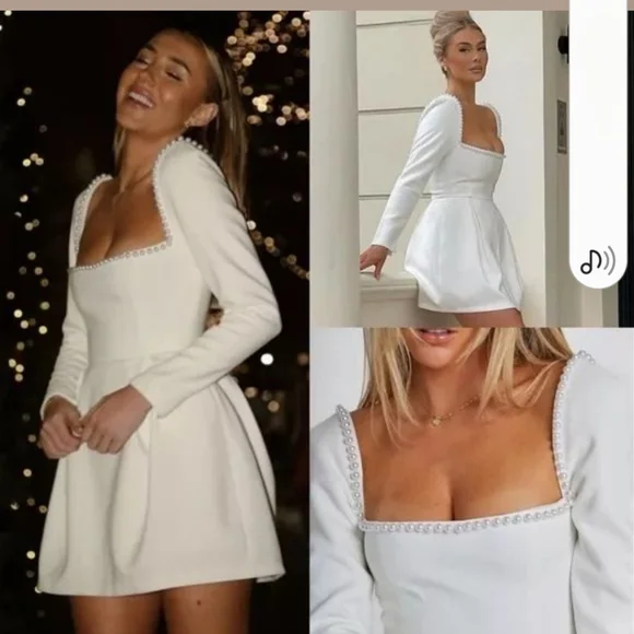 $485 Oddmuse London Elegant White Dress with Pearls, - Picture 2 of 9